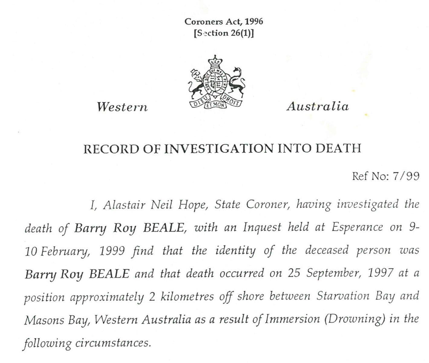 Barry Roy Beale Coroner's Report Extract