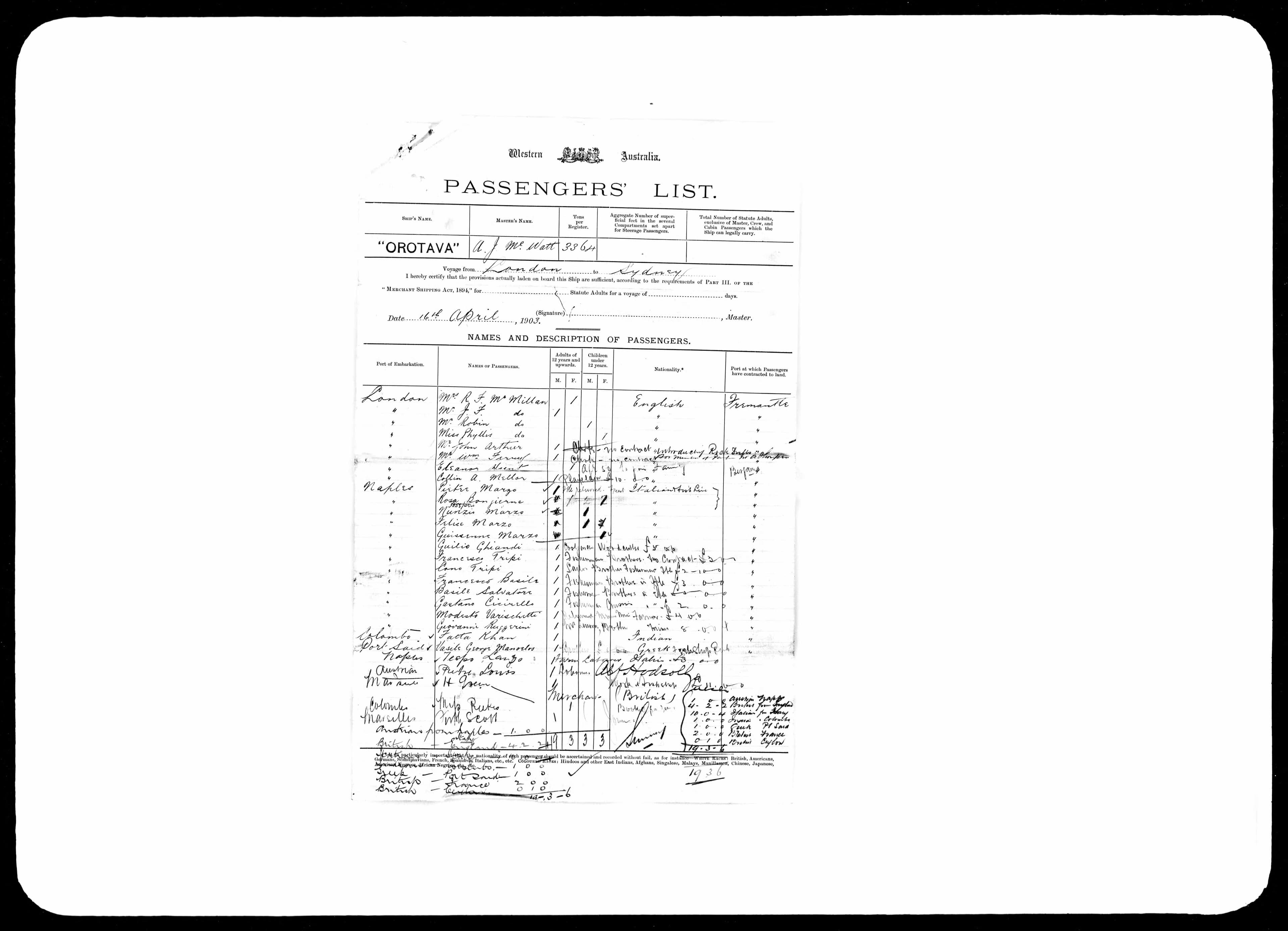 An extract of the passenger list of the Orotava, showing Cono Tripi's name