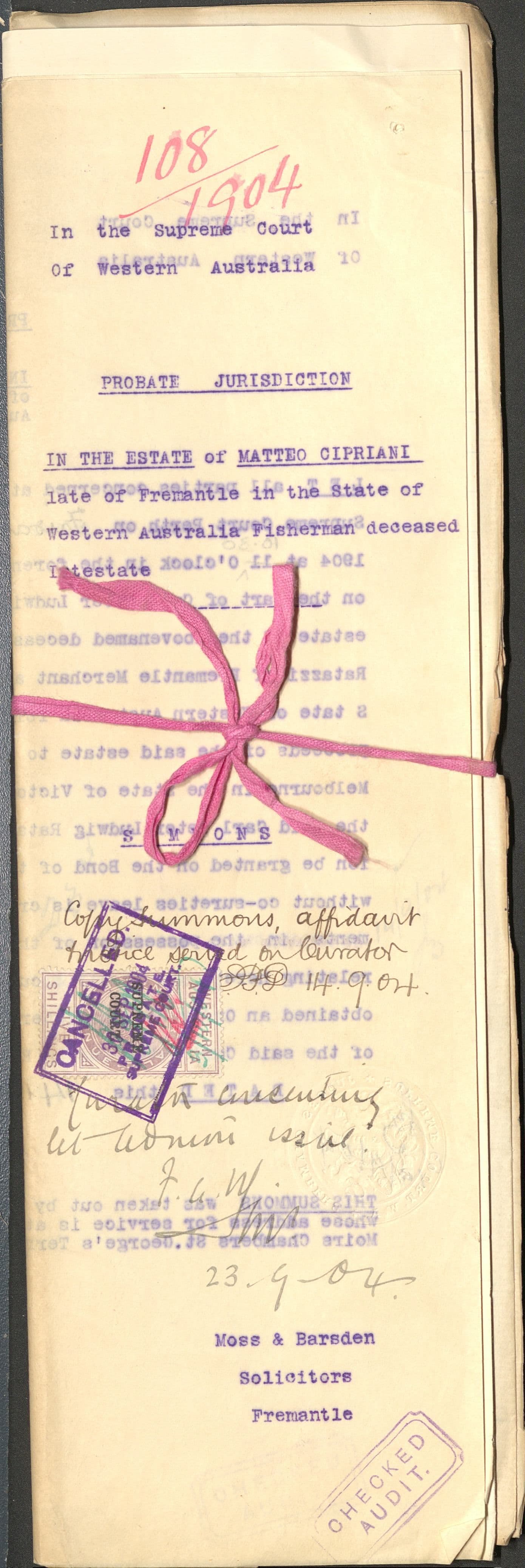 Old copy of the cover of Matteo Cipriani's probate document